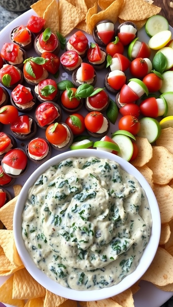 A platter of assorted appetizers including bruschetta, stuffed mushrooms, caprese skewers, and spinach dip with tortilla chips.